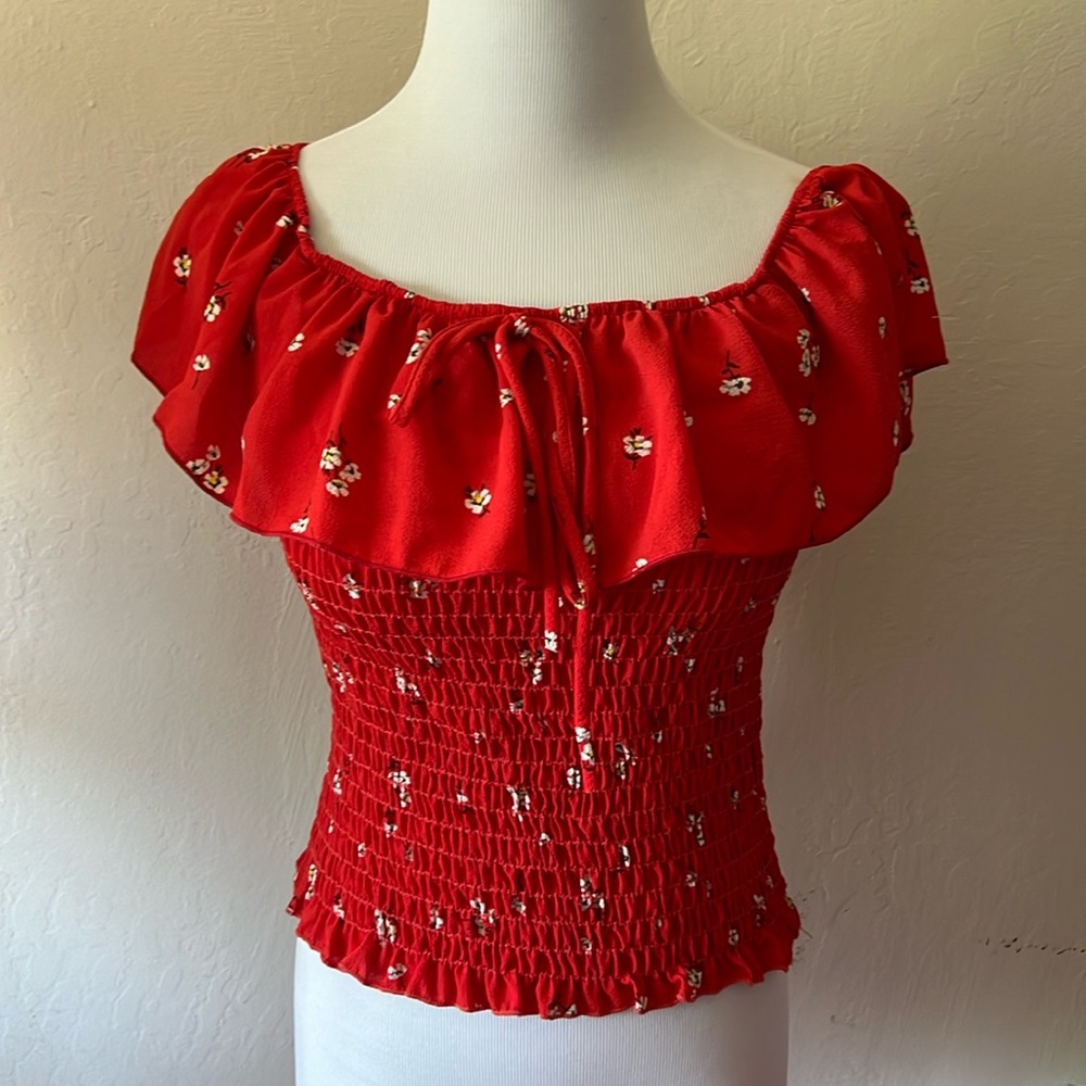 Papaya red floral off the shoulder top. Size M